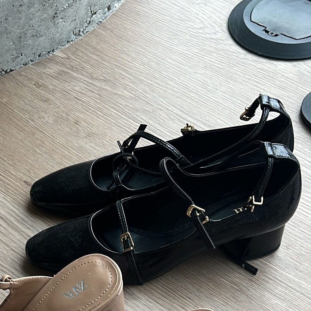 Zara Black Patent Mary Jane Flats with Ankle Straps